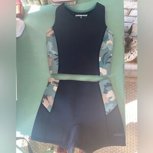 Patagonia Black with Teal & Tan Camo Two-Piece Swim Set